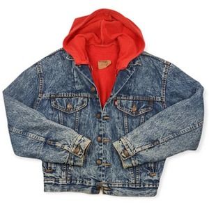VTG 80's Levi's Acid Wash Fleece Hooded Denim Trucker Jacket Made in USA
